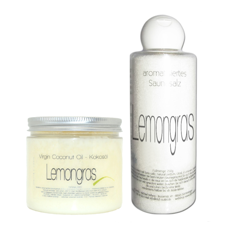 SPARANGEBOT: Lemongras Sauna Hautpflegeset | Kokosöl 200 ml + Peelingsalz 250 g Set